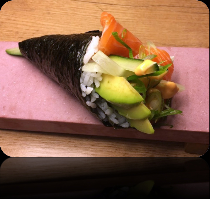 Temaki sushi Met de hand gegeten sushi hoorntje,  een stuk per portie